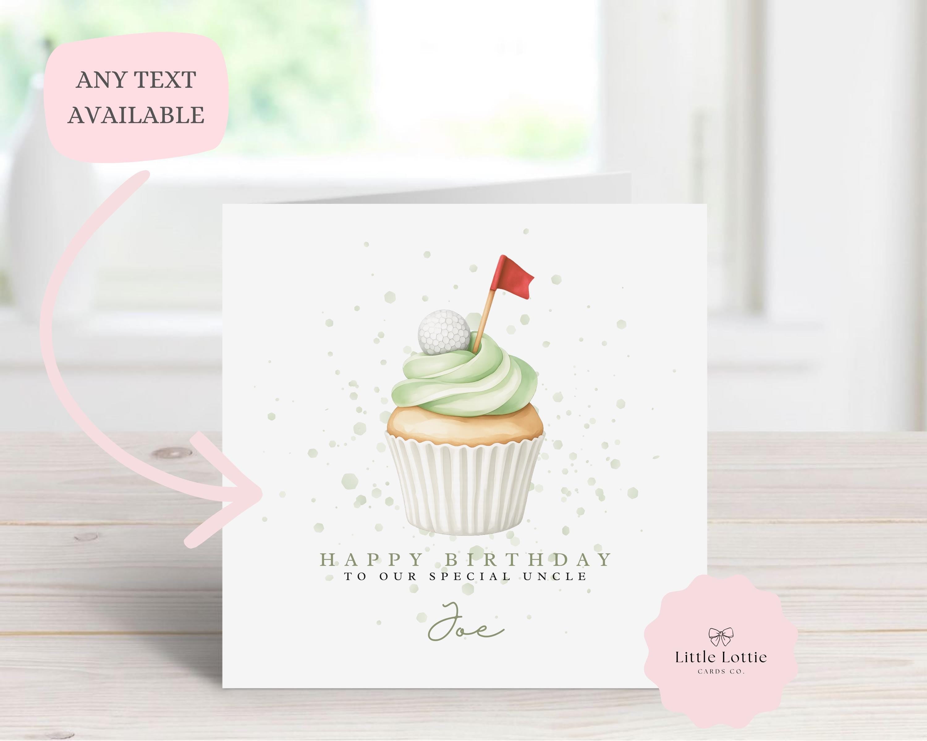 Personalised Golf Birthday Card - Any Name & Relation - Cute Watercolor Golf Cupcake with Ball & Flag Illustration - Custom Card for Uncle, Dad, Grandad - Large 6" Square