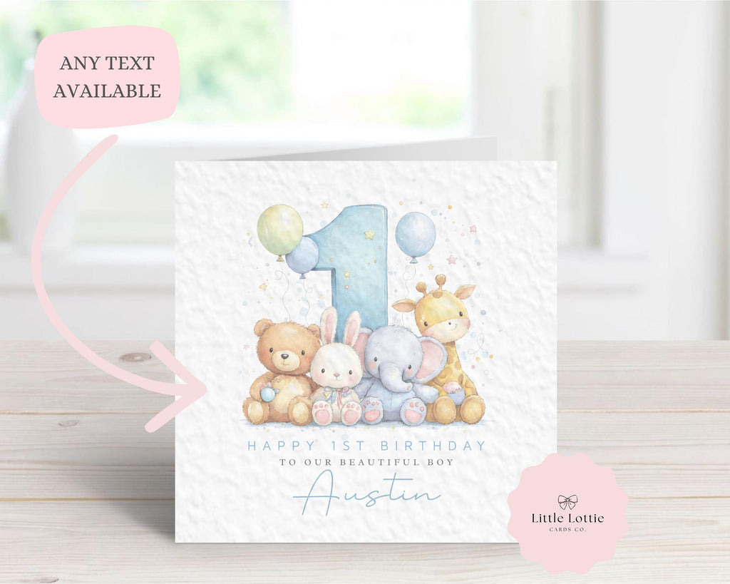 Personalised Boy's 1st Birthday Card - Watercolor Jungle & Woodland Animals Design - Large Blue Number 1 - Custom Name & Relation - Luxury 6" Square Card for Son, Grandson
