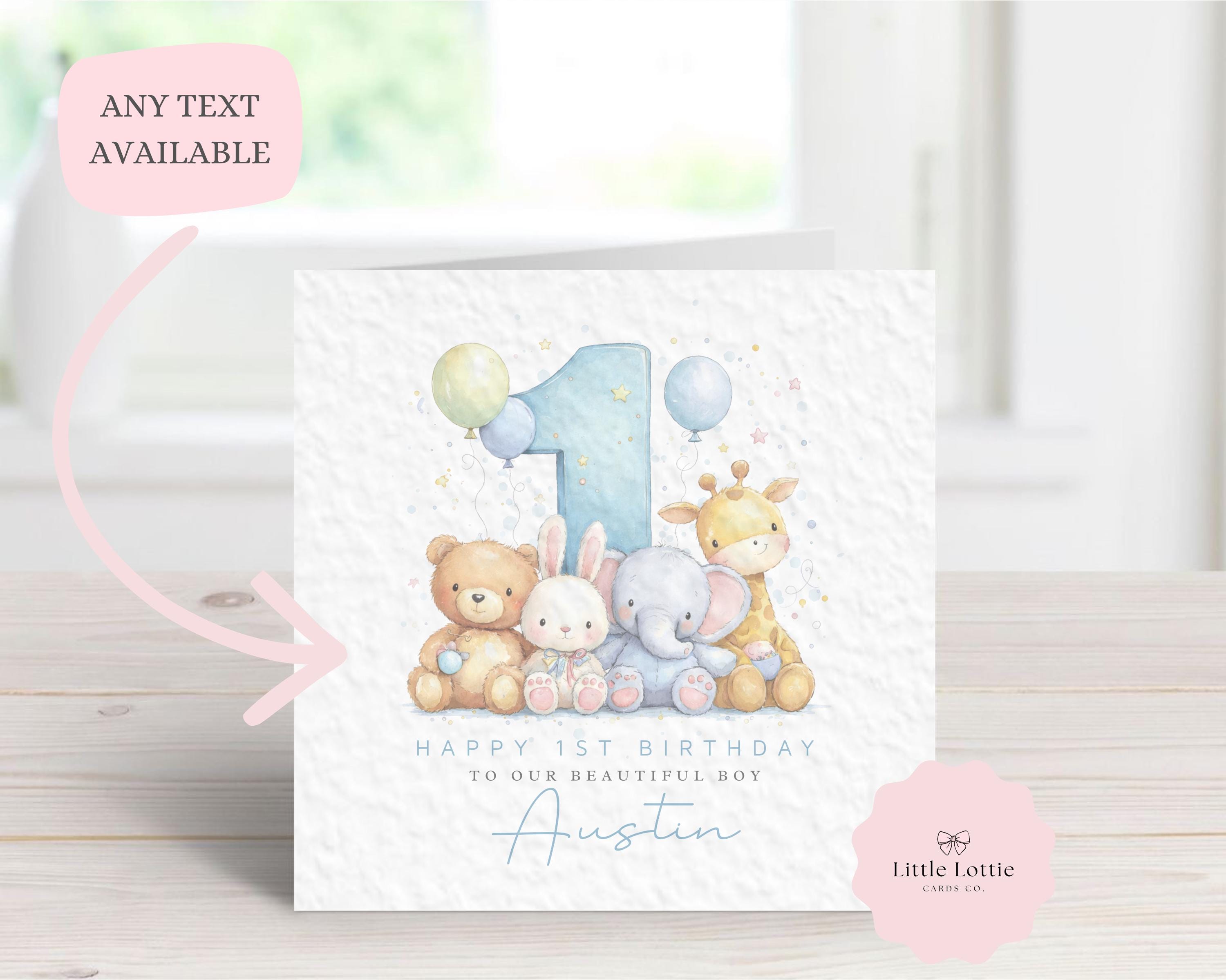 Personalised Boy's 1st Birthday Card - Watercolor Jungle & Woodland Animals Design - Large Blue Number 1 - Custom Name & Relation - Luxury 6" Square Card for Son, Grandson