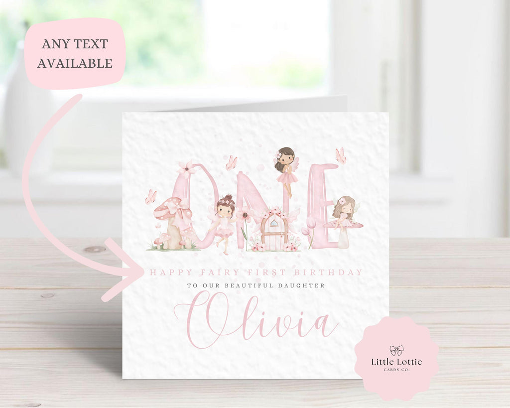 Personalised Fairy 1st Birthday Card - Watercolor "ONE" Lettering with Fairies, Toadstools & Butterflies - Custom Name & Relation - Large 6" Square Card for Daughter, Granddaughter