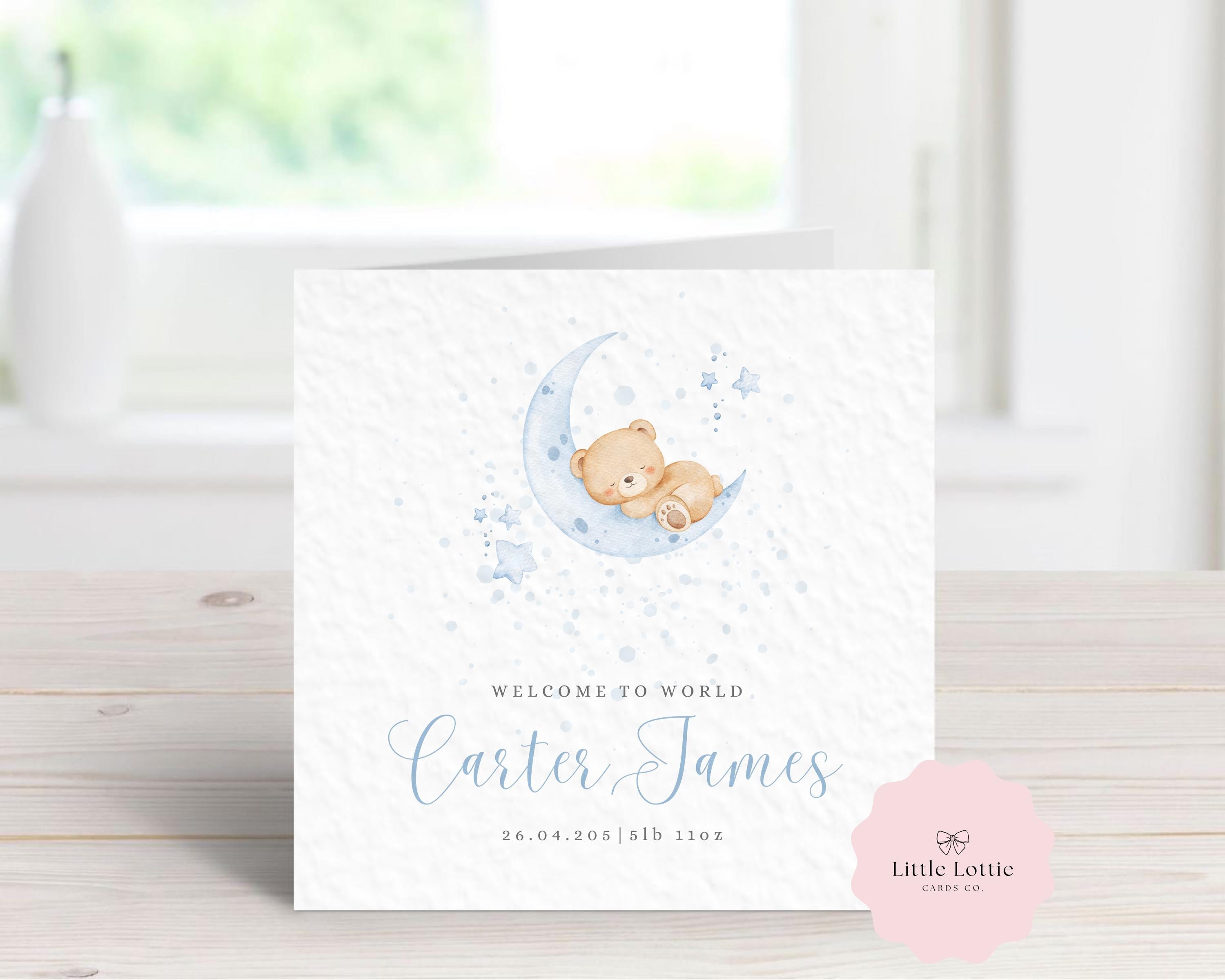 Personalised New Baby Boy Card - Watercolour Sleeping Bear on Moon