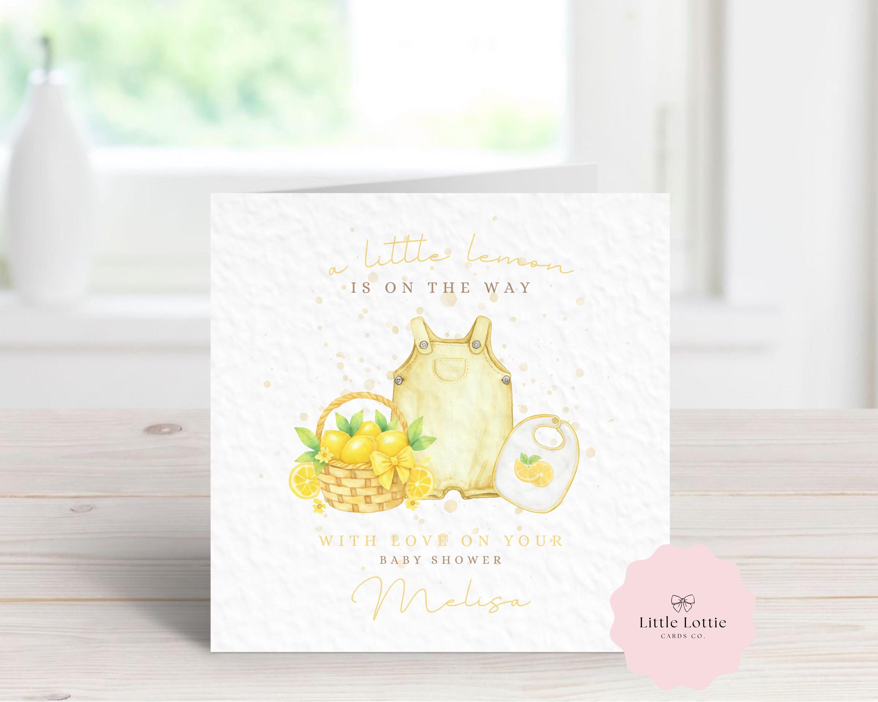 Personalised Baby Shower Card - "A Little Lemon is on the Way" Watercolor Citrus Theme - Custom Name - Luxury 6" Square Card for New Mum, Mummy to Be