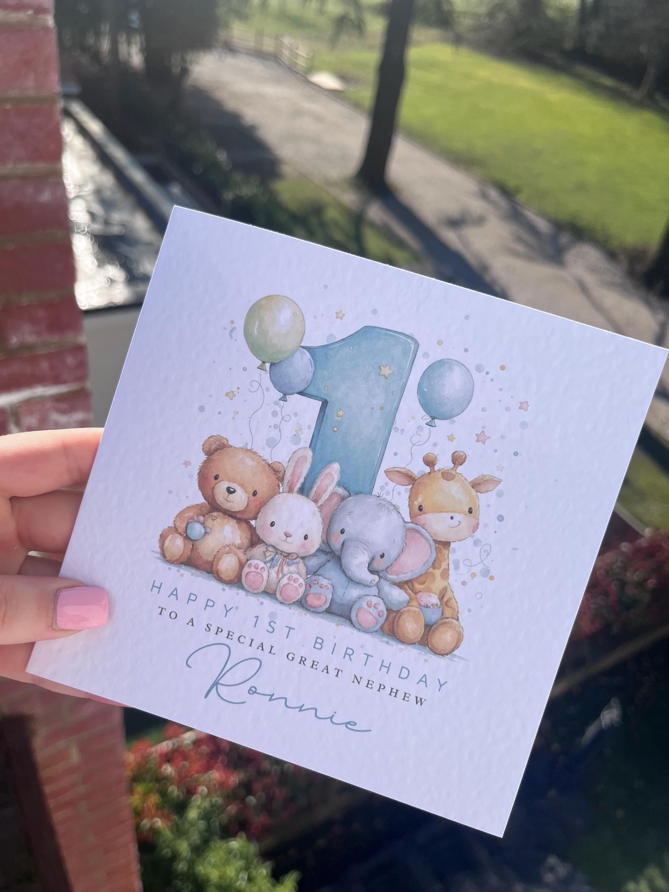 Personalised Boy's 1st Birthday Card - Watercolour Jungle & Woodland Animals Design
