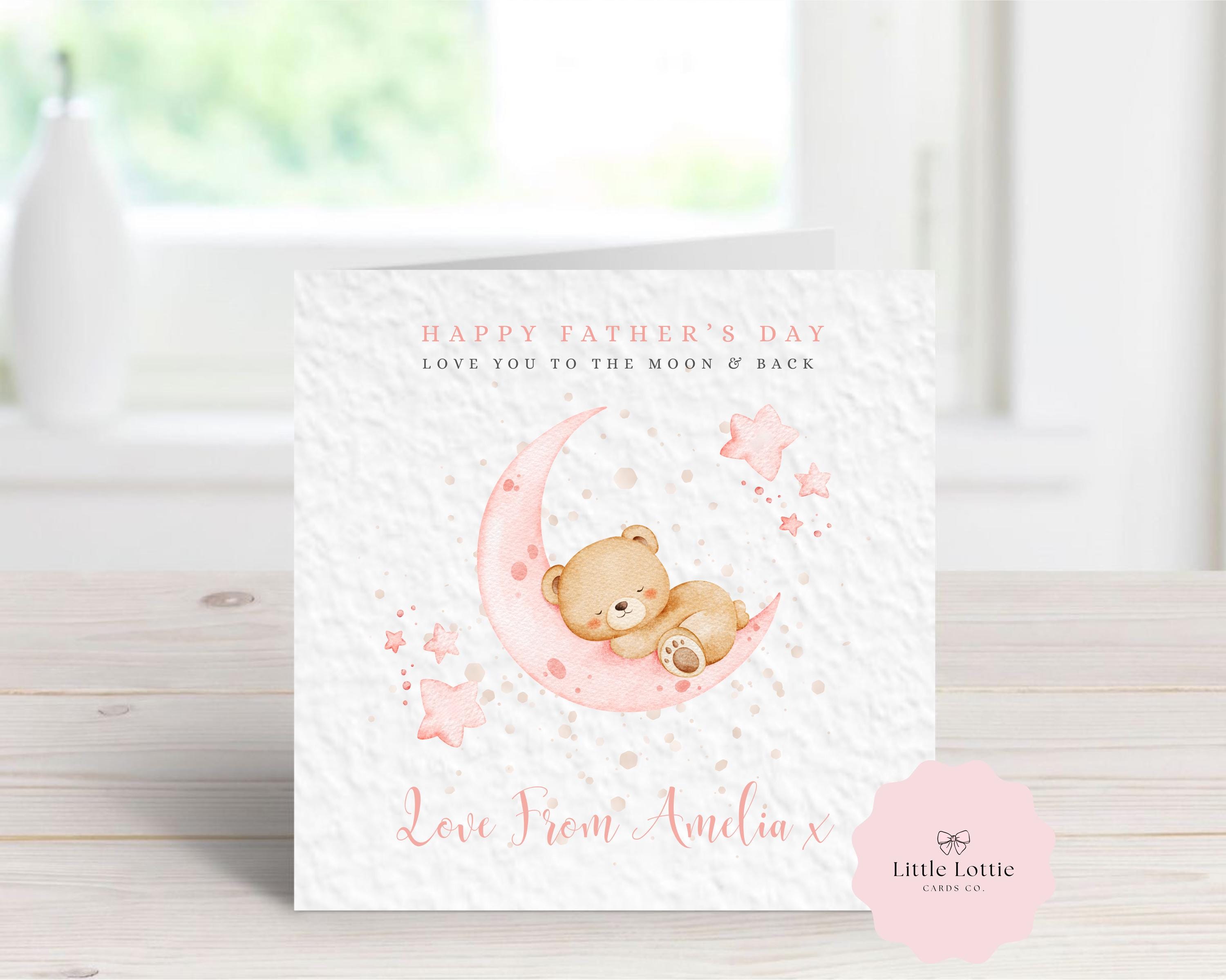 Personalised Father’s Day Card for Dad from Daughter - Pink Watercolor Sleeping Bear on Moon - Custom Name & Relation - Love You to the Moon and Back - Large 6" Square