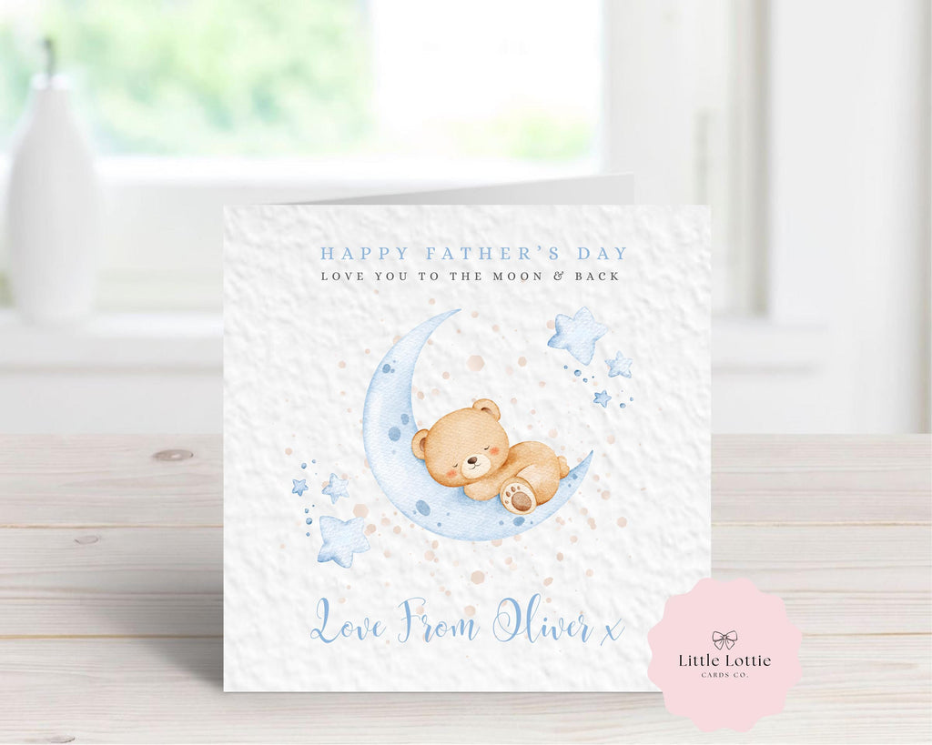 Personalised Father’s Day Card for Dad from Son - Blue Watercolor Sleeping Bear on Moon - Custom Name & Relation - Love You to the Moon and Back - Large 6" Square