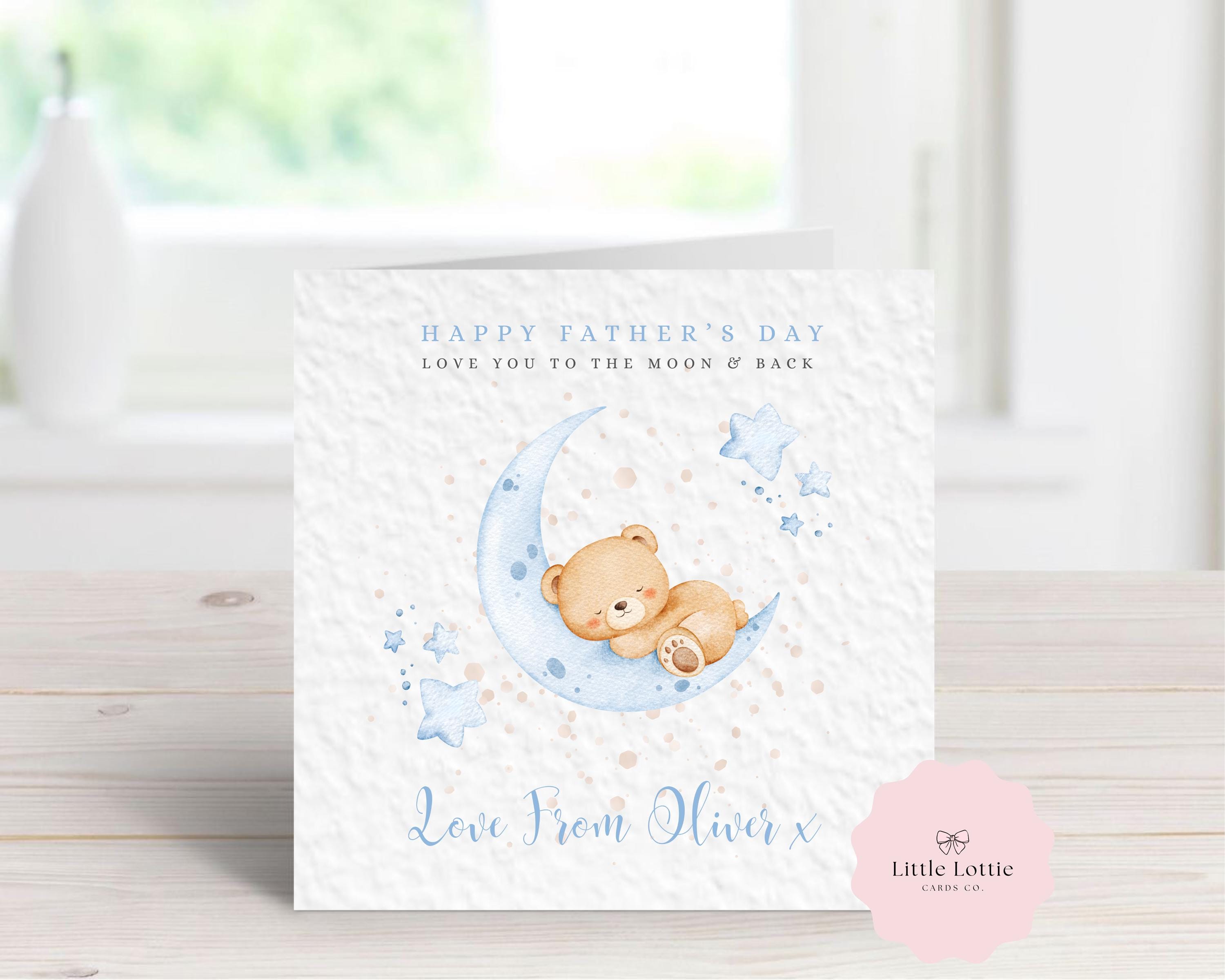 Personalised Father’s Day Card for Dad from Son - Blue Watercolor Sleeping Bear on Moon - Custom Name & Relation - Love You to the Moon and Back - Large 6" Square